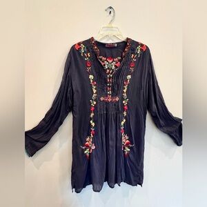 Johnny Was Boho Embroidered slate grey Tunic Top with Red Floral Detail